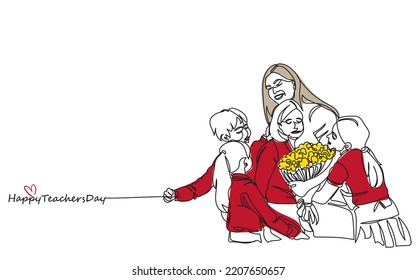 World  Teachers Day 5 October . Students greeting teacher with a yellow flower bouquet. Teacher tutor educator in classroom. Elementary school kids with favorite teacher . Dark red line art background