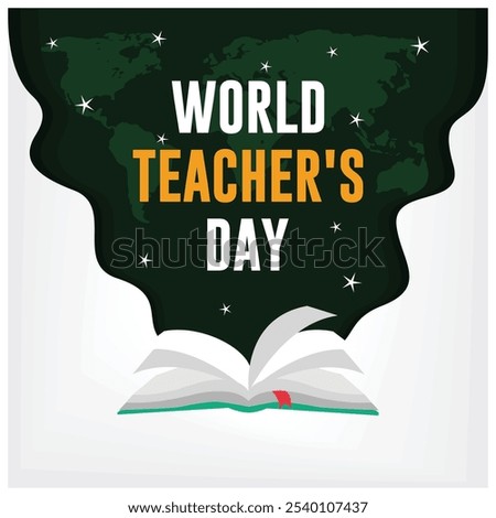 World Teachers' Day, 5 October. Open book with world map silhouette. Teacher's Day concept. Flat vector illustration.