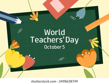 World Teachers Day background with school green chalkboard, flowers and stationery. October 5. Back to school concept. Vector greeting card, banner, poster. 