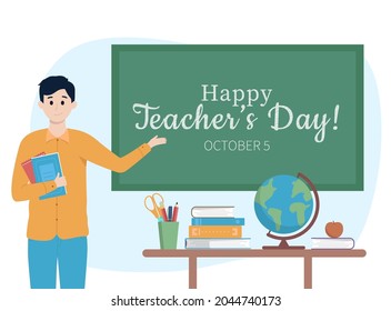 World teacher's day banner concept. Male young teacher with books explain gesture to chalkboard, table with stationery, apple and globe. International world holiday. Creative vector illustration