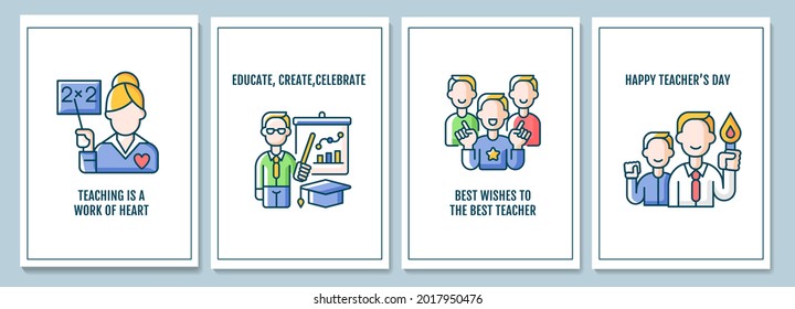 World teachers day celebration greeting cards with color icon element set. Teaching career. Postcard vector design. Decorative flyer with creative illustration. Notecard with congratulatory message