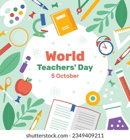 Celebración del Día Mundial del Profesor. Feliz Día del Profesor. 5 de octubre. celebración del día mundial de los profesores. ilustración vectorial. Cartel, cartel, volante, tarjeta de felicitación. Concepto del Día Mundial del Profesor. caricatura.