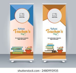 World teachers day celebration. Happy Teachers Day roll up banner design, and Flower, Educational books, with geometric background, banner template