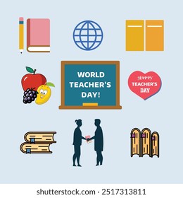 World teacher's day celebration. Happy Teacher's Day background. October 5. Pencil, Board, Books, notepad, Techers, Fruits, Globe, Heart. vector illustration. Poster, Banner, Flyer, International Day.