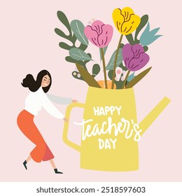 Celebración del Día Mundial del Profesor. Feliz Día del Maestro. Profesor de piso escolar con un montón de libros y una pizarra escolar, con un Grande jarrón abstracto de flores y tulipanes