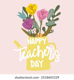 World teacher's day celebration. Happy Teacher's Day. Bouquet of colorful flowers, tulips and congratulation text Happy Teachers day. Gentle poster to congratulate your favorite teacher