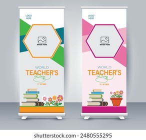 World teachers day celebration. Roll up design, October 5. world teachers day Illustration and Arabic translator. vector illustration roll up, banner Template. World Teachers' Day.