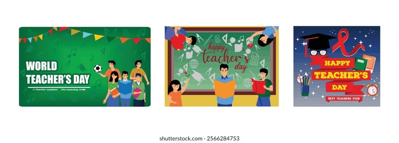 World Teachers Day Celebration. Students in Class bringing Roses and Books. School supplies and Celebration Elements. Set flat vector modern illustration 