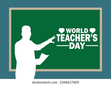 World Teacher's Day concept background with teacher and chalkboard. Education concept. Template for background, banner, card, poster with text inscription. Vector illustration