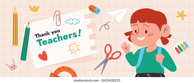 World teachers day greeting banner with cartoon girl, school supplies and notebook paper sheet. Student character with scissors, ruler, eraser and pencils. Back to school concept. Vector illustration.