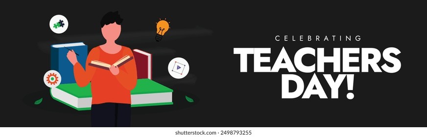 World Teachers day. Happy Teachers day celebration cover banner with male teacher holding book, pen, colourful books, icons of bulb, gear, puzzle pieces. The day is celebrated to  honor all educators