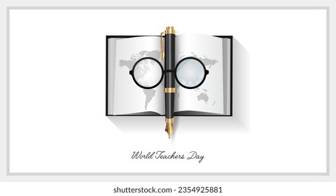 World Teacher's day or Happy Teachers day. Educational concept  design with Books pen and world map on white background.