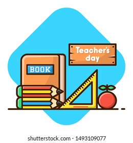World Teacher's Day. Teacher's Day on Board Vector Illustration. Set Back to School, Book, Apple, Ruler, Pencil. Flat Cartoon Style Suitable for Sticker, Wallpaper, etc.
