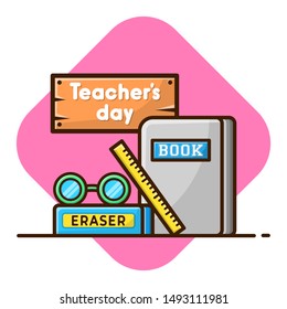 World Teacher's Day. Teacher's Day on Board Vector Illustration. Set Back to School, Eyeglasses, Books, Ruler, Eraser. Flat Cartoon Style Suitable for Sticker, Wallpaper, etc.