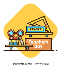 World Teacher's Day. Teacher's Day on Board. Set Back to School, Eyeglasses, Stack of Books on Rack, Ruler, Eraser Vector Illustration. Flat Cartoon Style Suitable for Sticker, Wallpaper, etc.