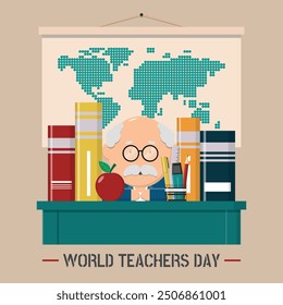 World Teachers Day Poster with an old male teacher sitting behind a desk while teaching