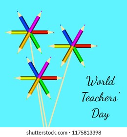 World Teachers Day. Professional holiday concept. Flowers made of colored pencils and the name of the event