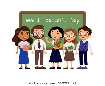 World teachers day. Teachers standing near blackboard in classroom. Cartoon characters