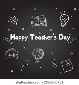 World Teacher's Day Text. School Stationary on Blackboard Top View Greeting card for teacher's day with chalk on a blackboard. Simple vector illustration.