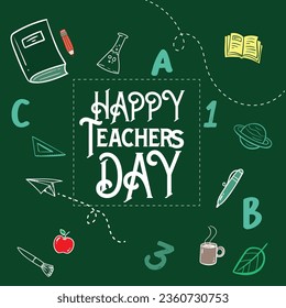 World Teacher's Day Text. School Stationary on Blackboard Top View Greeting card for teacher's day with chalk on a blackboard. Simple vector illustration.