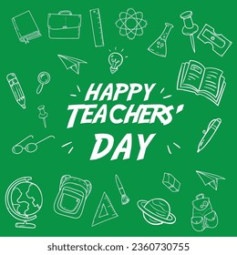 World Teacher's Day Text. School Stationary on Blackboard Top View Greeting card for teacher's day with chalk on a blackboard. Simple vector illustration.