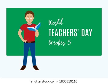 World Teachers' Day vector. Teacher in front of chalkboard vector. Man holding a book vector. Young man standing with hand on hip cartoon character. Teachers' Day Poster, October 5. Important day