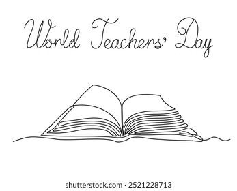 World Teachers Day.open book. continuous one line art hand drawing sketch, logo