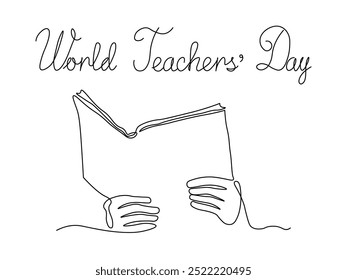 World Teachers Day.open book. continuous one line art hand drawing sketch, logo