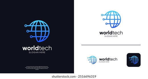 World tech logo template. Modern global globe symbol with dot connection logo.