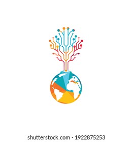 World tech vector logo design template. Globe and tech tree icon design.