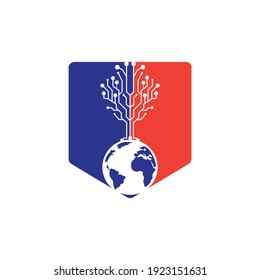 World tech vector logo design template. Globe and tech tree icon design.