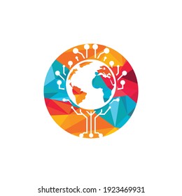 World tech vector logo design template. Globe and tech tree icon design.