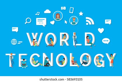 World technology big white letters and people near them use modern gadgets. White signs of searching, messages, WI-FI, photos and liking above letters. Global network connection visualization