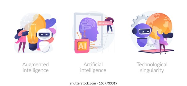 World technology progress and modern innovations. Augmented intelligence, artificial intelligence, technological singularity metaphors. Vector isolated concept metaphor illustrations.