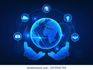 World technology, two hands holding the globe along with icons It communicates that technology reaches people all over the world. Access to communication information and doing international business