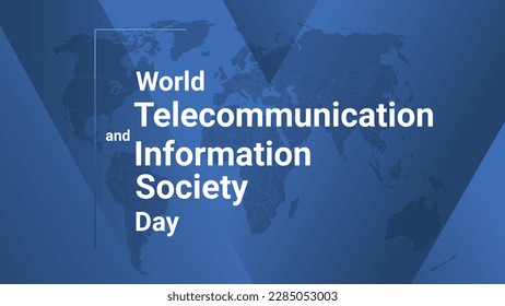 Tarjeta de vacaciones internacional del Día Mundial de las Telecomunicaciones y la Sociedad de la Información. Afiche con mapa de la tierra, fondo de líneas de degradado azul, texto blanco. Banner de diseño de estilo plano. Ilustración vectorial.