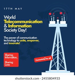 World Telecommunication and information society day. 17th May world telecommunication and information society day celebration banner, post with telecom tower with speech bubble connectivity for all.