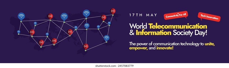 World Telecommunication and information society day 17 May 2024. World telecommunication day cover banner, post with silhouette world map and wifi, signal waves icon making route on purple background