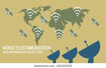World Telecommunication and Information Society Day Yellow Background. banner with satellite antennas. This day raise global awareness of social changes brought about by the Internet new technologies