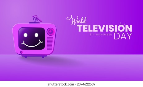 Día Mundial de la Televisión, 21 de noviembre Ilustración vectorial con espacio para copiar y un lindo personaje de televisión con cara sonriente sobre fondo morado. Adecuado para carteles, carteles y tarjetas de felicitación.