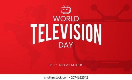 World Television Day, 21 November Vector Illustration with copy space, abstract world map, and a cute tv character with a smiley face on red background. Suitable for Poster, Banner, and greeting cards