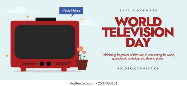 Día Mundial de la Televisión, 21 de noviembre. ANUNCIO de celebración del día de TV con pantalla de TV. El día muestra el poder de la televisión para conectar el mundo. El icono muestra la importancia de los medios de comunicación para un mundo mejor.