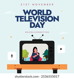 Día Mundial de la Televisión. 21 de noviembre Anuncio de celebración del Día Mundial de la Televisión con una linda pantalla de modelo de televisión en la mesa. El día reconoce la importancia de la televisión como un Mediano para la comunicación global.