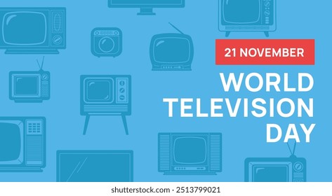 Banner do Dia Mundial da Televisão. Cartão comemorativo. Antigo sistema de comunicação por vídeo. Programas de notícias e entretenimento são transmitidos. Telas de TV analógicas. Tecnologia de mídia. Vetor de Garish