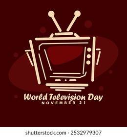 World Television Day to celebrate on November 21st. Line art illustration of a television on dark maroon background. Technology event banner.