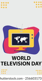 A World Television Day design featuring a retro-style television with a world map on the screen, highlighting the role of television in connecting people globally