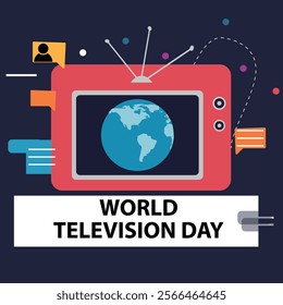 A World Television Day design featuring a retro-style television displaying a world map, surrounded by media symbols, emphasizing the role of television in connecting people globally