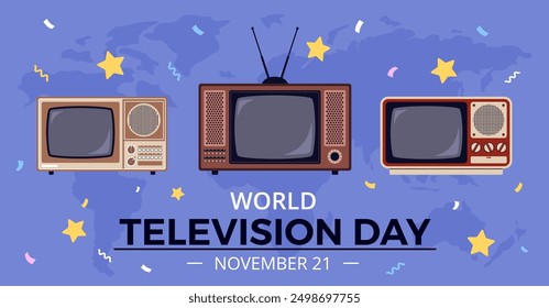 World television day. Holiday card with retro tellys, vintage equipment, november 21, worldwide video broadcasting, banner, nostalgia technology, entertainment media, nowaday vector concept