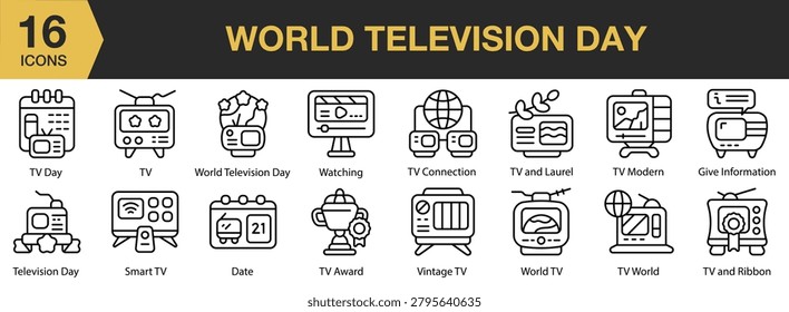 World Television Day icon set. Includes professional services, business activities, management concepts, operational tools, and more. Outline icons vector collection.