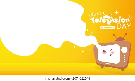 Ilustración vectorial del Día Mundial de la Televisión con espacio para copiar y un lindo personaje de televisión con fondo amarillo. Adecuado para carteles, carteles y tarjetas de felicitación.